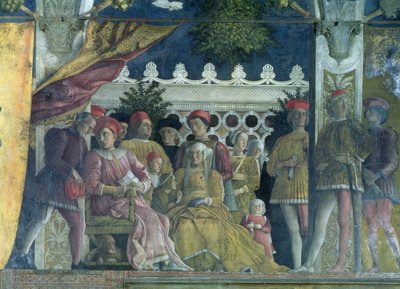 Marchese Ludovico Gonzaga III de Mantoue, son épouse Barbara de Brandebourg, enfants, courtisans et leur chien Rubino, de la Camera degli Sposi ou Camera Picta, 1465-74 (détail) - Andrea Mantegna